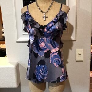 Rebecca Taylor Silk Ruffle Floral Top Size 4 Blue Grey & Pink Bustier Cami